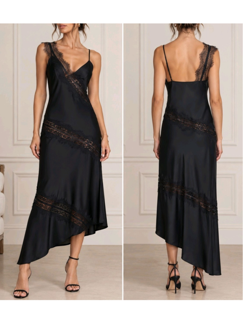 House of Harlow 1960 Dress M Black Lace Trim Romantic Luxury Cocktail 90s Slip